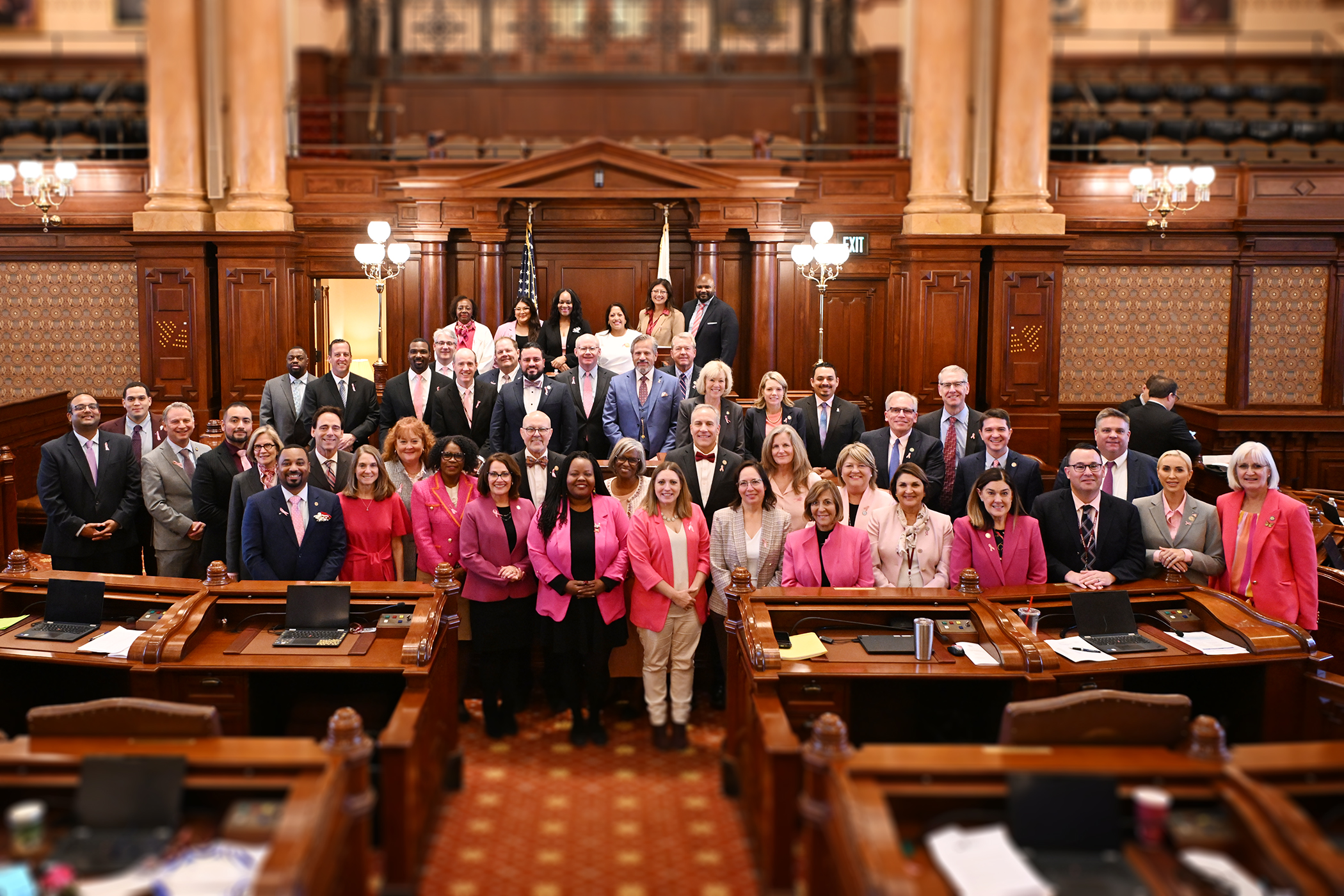 A large group of State Senators, many wearing pink jackets, shirts, or ties, pose together in a historic wood-paneled legislative chamber. Desks with laptops and papers are visible in the foreground, and ornate lights and pillars decorate the room.