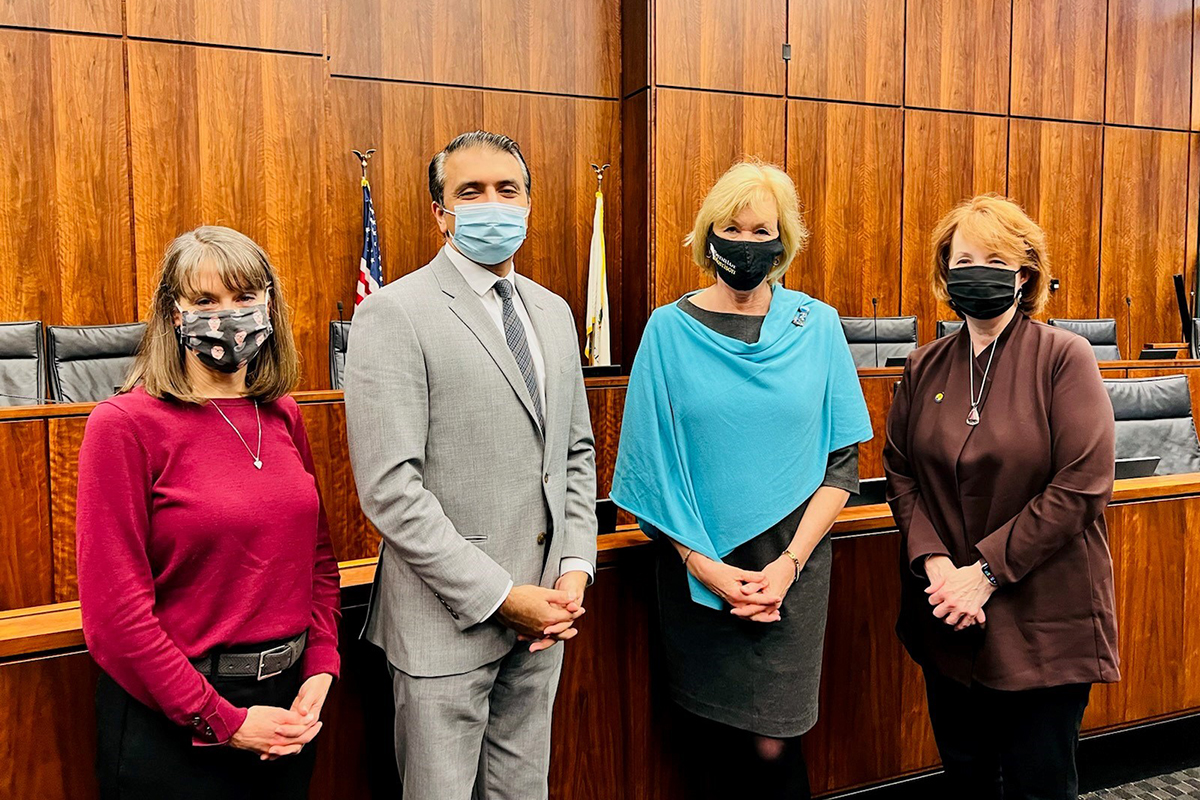 State Senator Laura Fine (D-Glenview), Dr.  Shoeb Sitafalwalla, chief strategy officer of Advocate Aurora Health, State Senator Julie Morrison (D-Lake Forest) and State Senator Ann Gillespie (D-Arlington Heights) participate in a Senate Health Committee hearing on the future of health care.