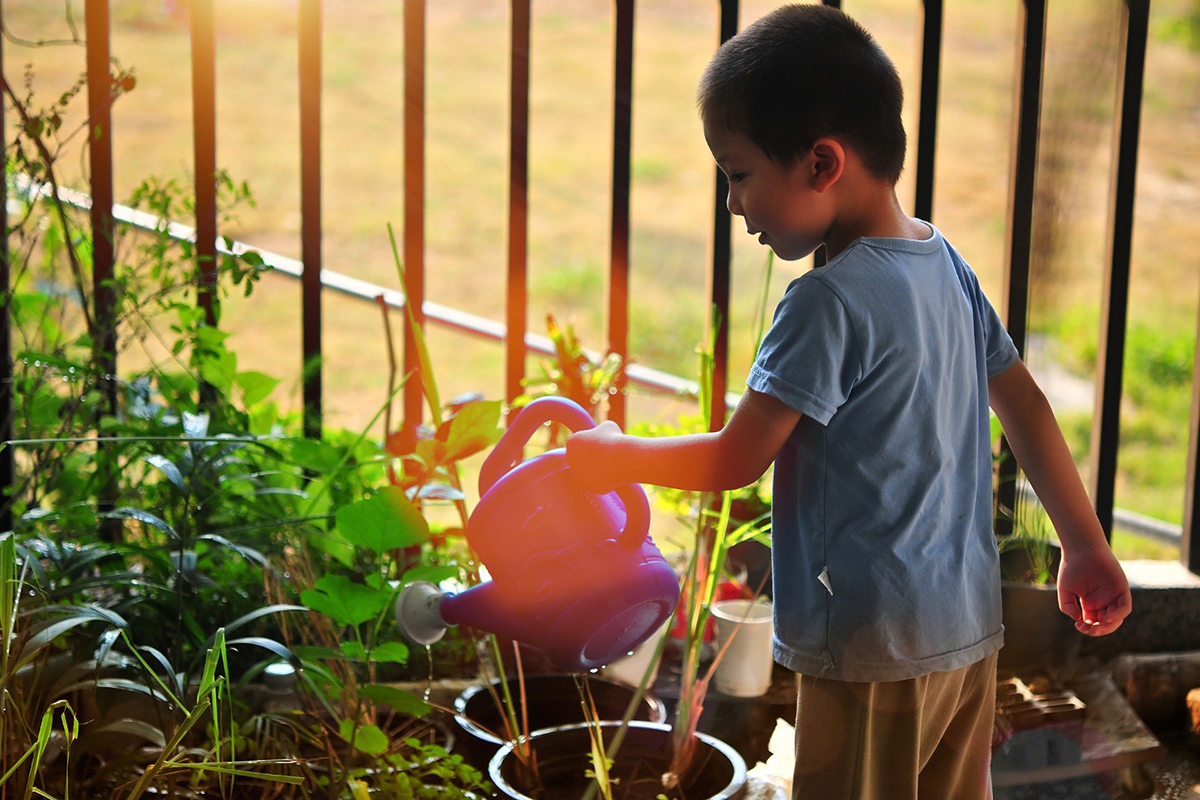 child watering plants