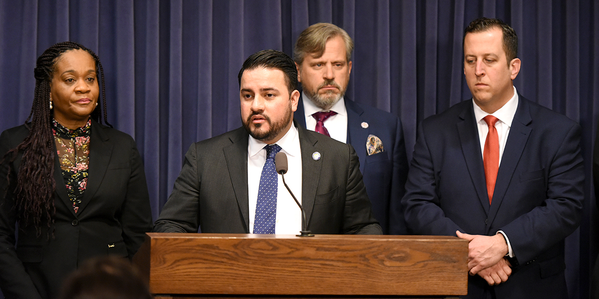 Sen. Majority Leader Kimberly A. Lightford, Majority Caucus Whip Omar Aquino, Sen. Robert Martwick, Majority Caucus Whip Michael E. Hastings