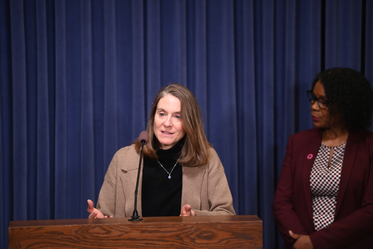 Senator Laura Fine speaks at a podium