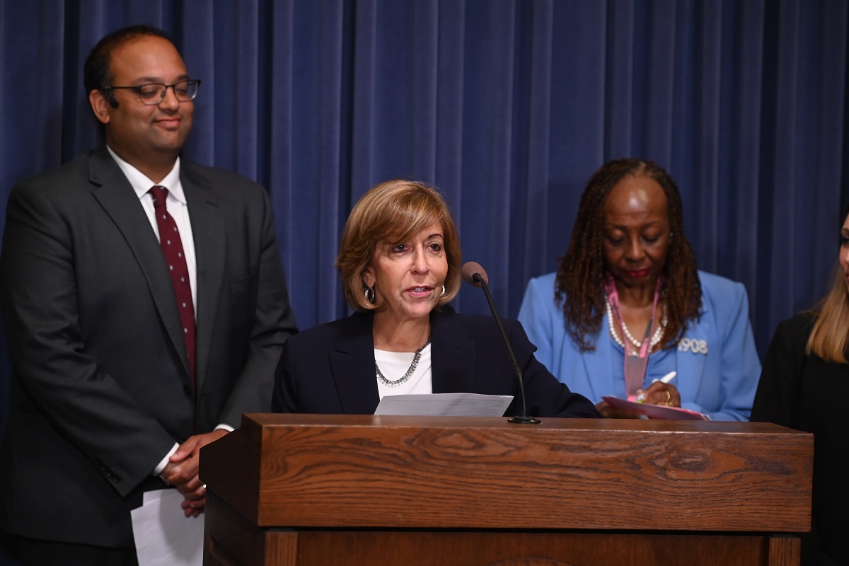 State Senator Sara Feigenholtz speaks at a press conference