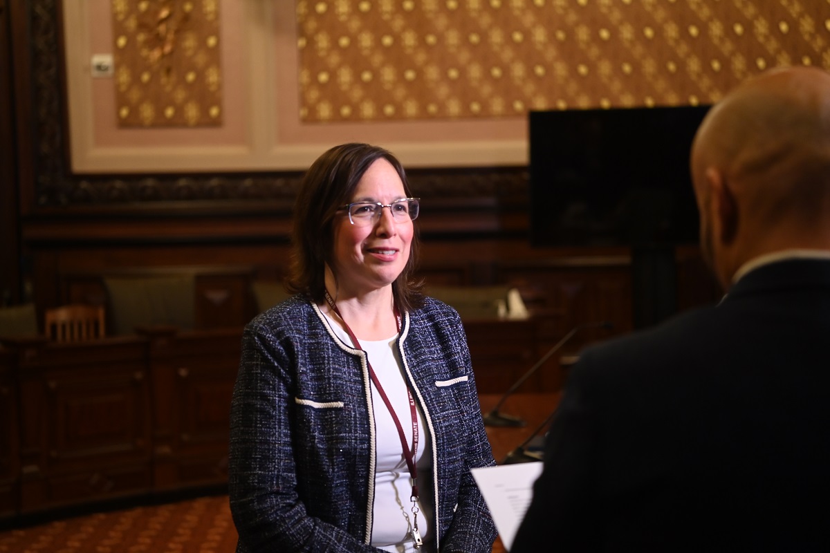 State Senator Cristina Castro speaks to an interviewer