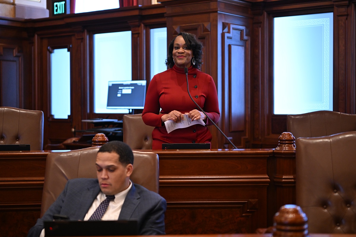 State Senate Majority Leader Kimberly A. Lightford on the Senate floor