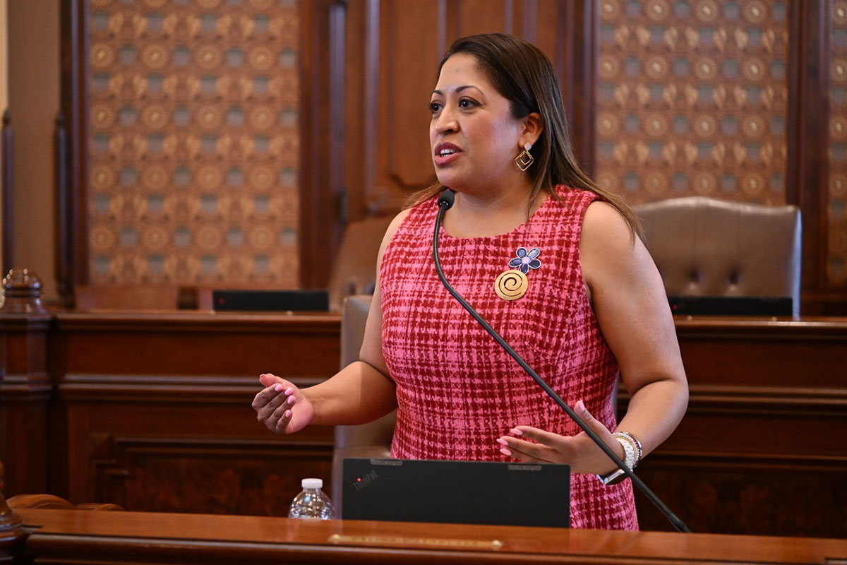 Senator Villanueva stands at her desk in the Senate Chamber in a pink dress